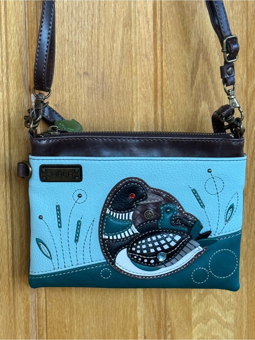 Chala Handbags Teal & Brown Loon Bird Crossbody / Convertible Clutch